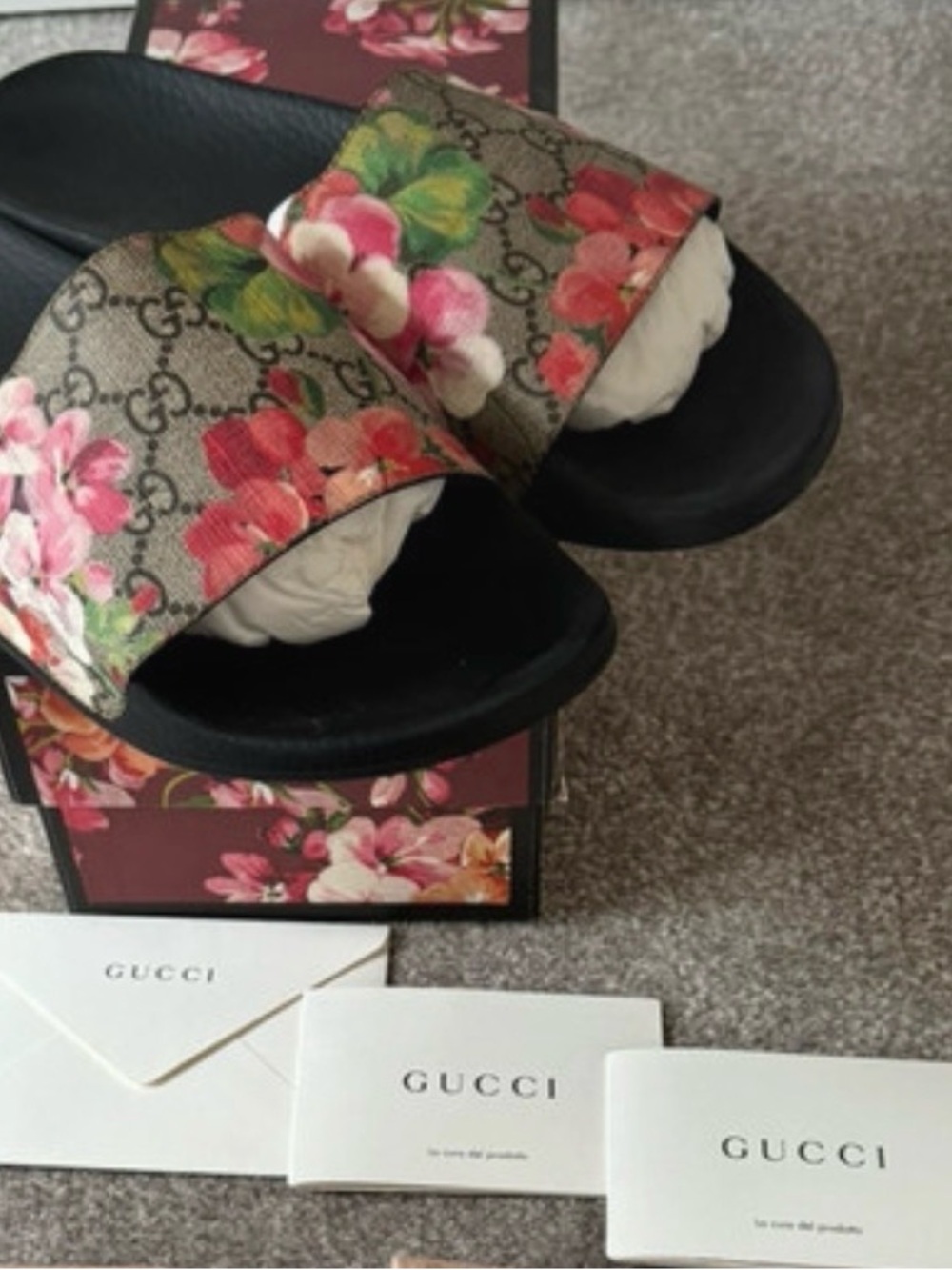 Gucci Floral Monogram Black Slide Sandals with Pink & Green Flowers - Picture 3 of 5